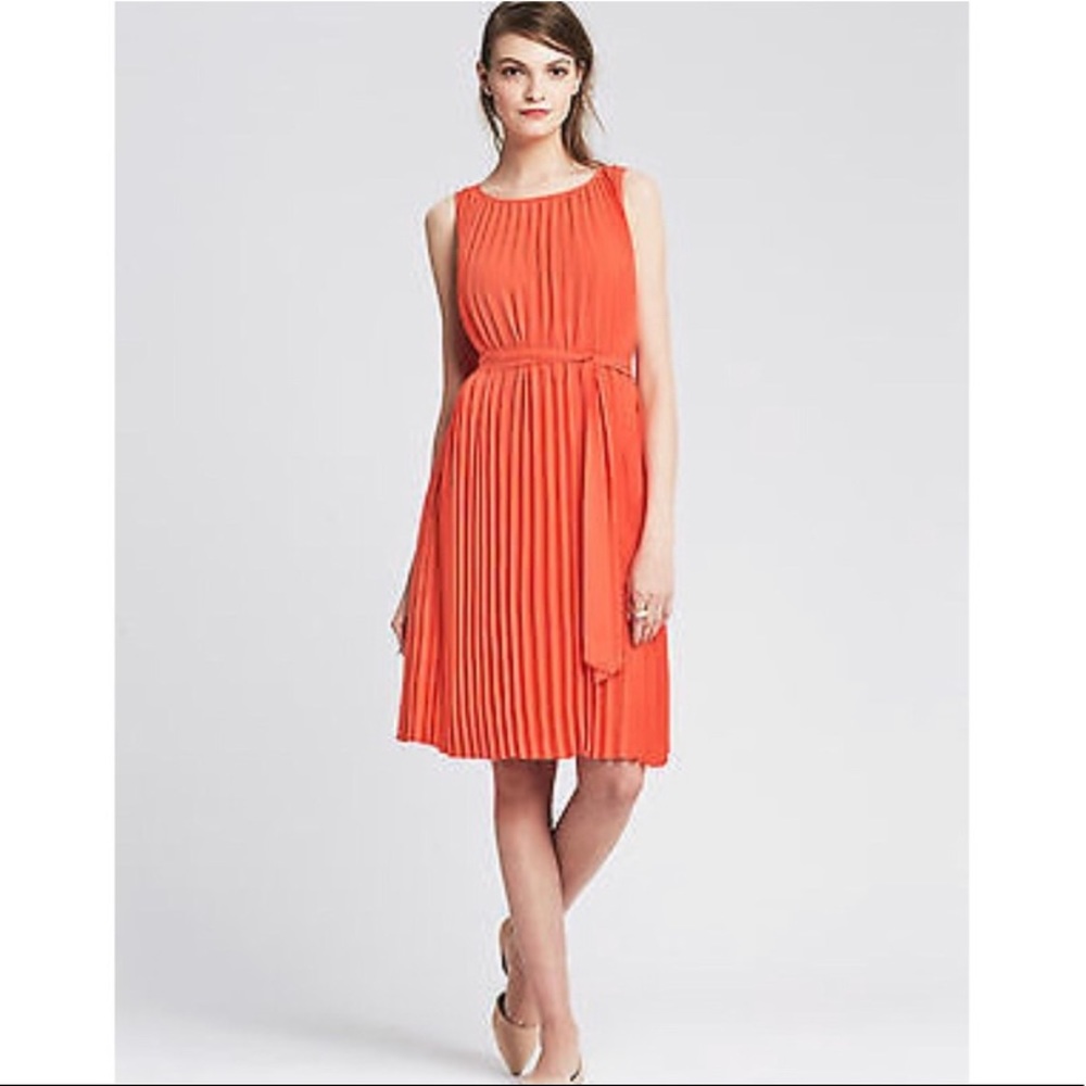 banana republic orange pleated trapeze dress